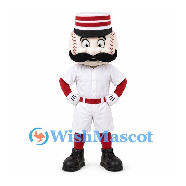 Baseball Character Mascot Costume with Mustache and White Uniform