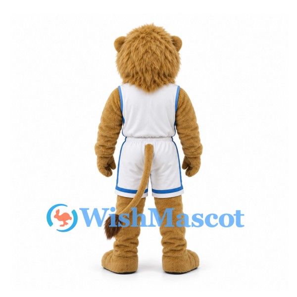 Lion Mascot Costume in White Basketball Uniform with Blue Trim