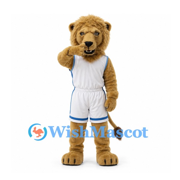 Lion Mascot Costume in White Basketball Uniform with Blue Trim