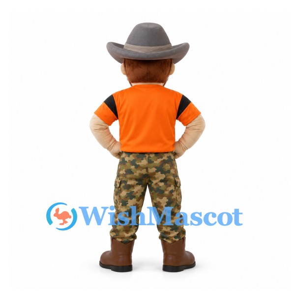 Cowboy Mascot Costume with White Mustache Orange Shirt and Camouflage Trousers