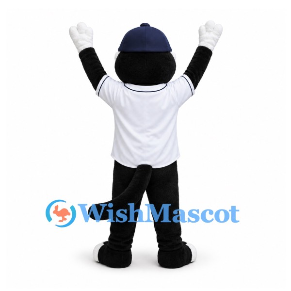 Cat Mascot Costume in Black and White with Baseball Jersey and Cap