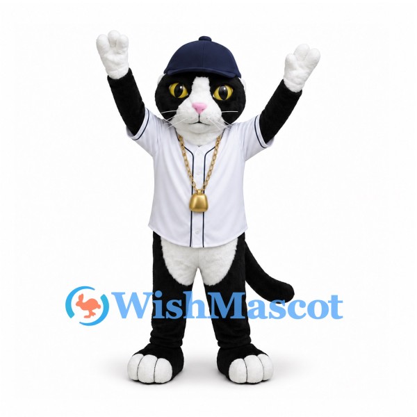 Cat Mascot Costume in Black and White with Baseball Jersey and Cap