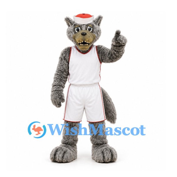 Wolf Mascot Costume in Gray with White Basketball Uniform