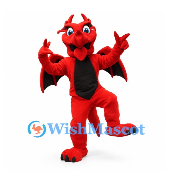 Dragon Mascot Costume in Red with Black Wings and Belly