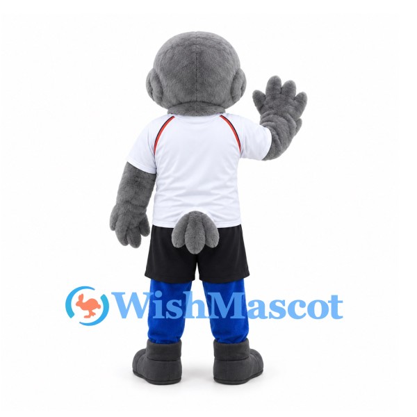 Bird Mascot Costume in Gray with White Sports Shirt and Blue Leggings