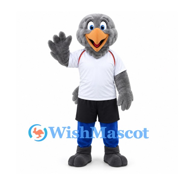 Bird Mascot Costume in Gray with White Sports Shirt and Blue Leggings