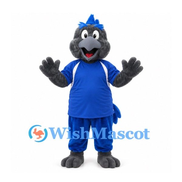 Bird Mascot Costume in Charcoal with Blue Sports Uniform