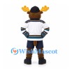 Moose Mascot Costume in White Hockey Jersey with Navy Shorts