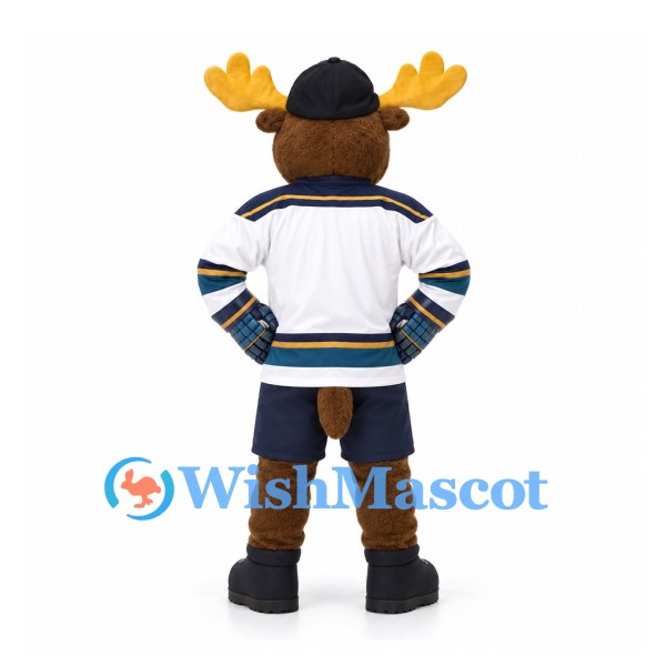 Moose Mascot Costume in White Hockey Jersey with Navy Shorts