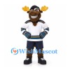 Moose Mascot Costume in White Hockey Jersey with Navy Shorts