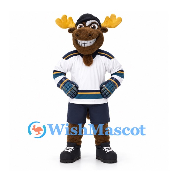 Moose Mascot Costume in White Hockey Jersey with Navy Shorts