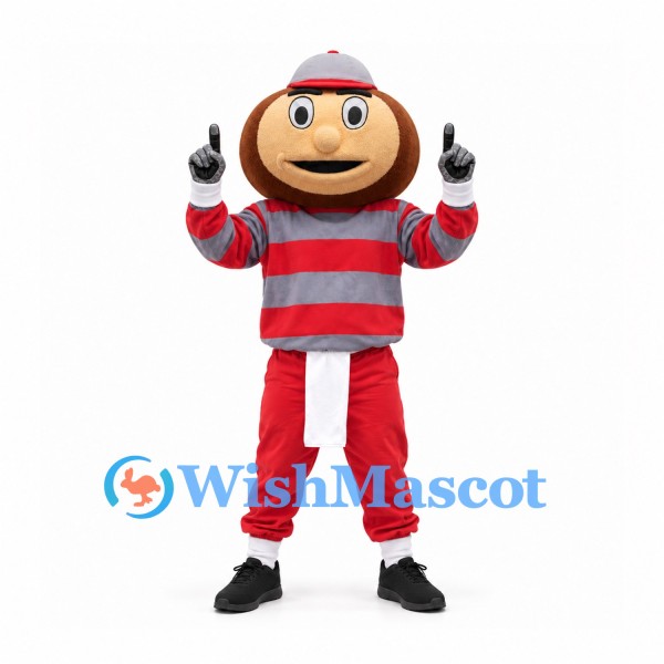 Boy Mascot Costume in Red and Gray Striped Shirt and Beanie