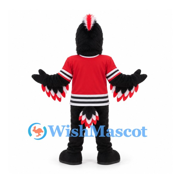 Bird Mascot Costume in Black with Red Hockey Jersey