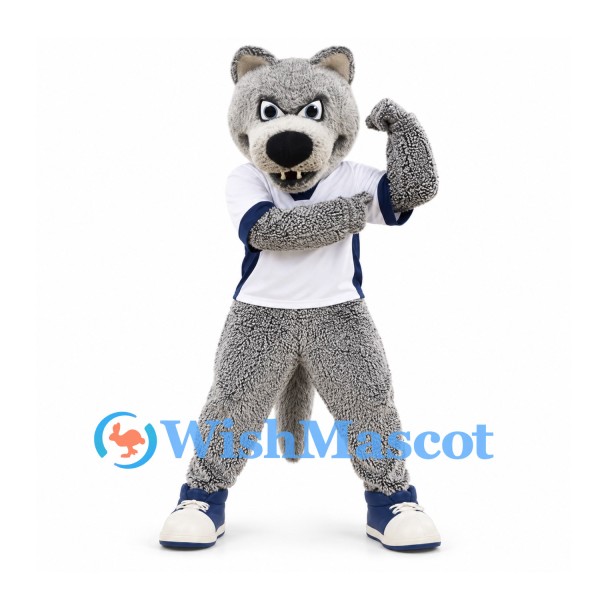 Wolf Mascot Costume in Gray with White Sports Shirt and Blue Shoes