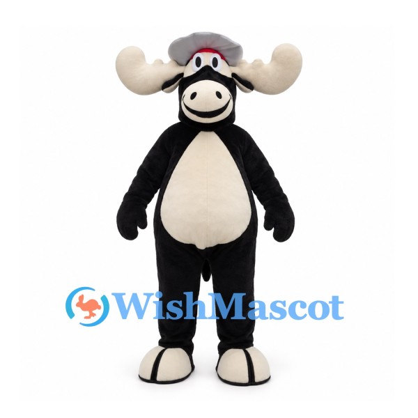 Moose Mascot Costume in Black and Cream with Gray Cap