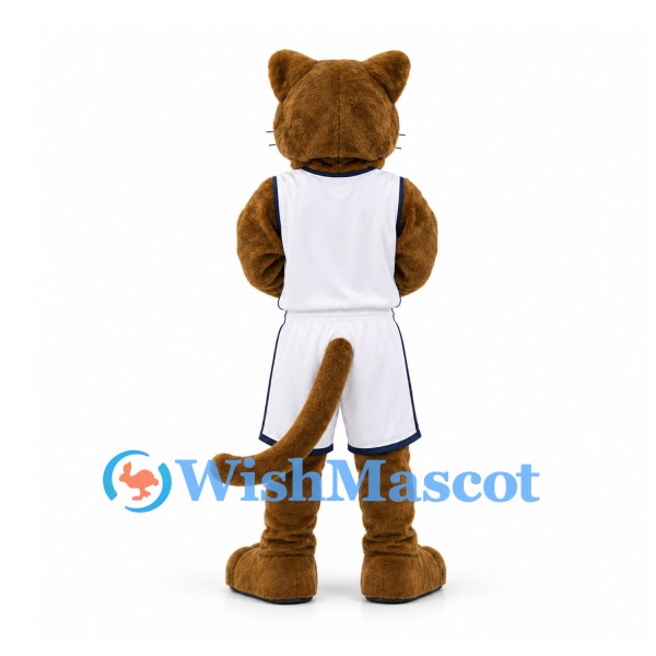 Cougar Mascot Costume in Brown with White Basketball Uniform