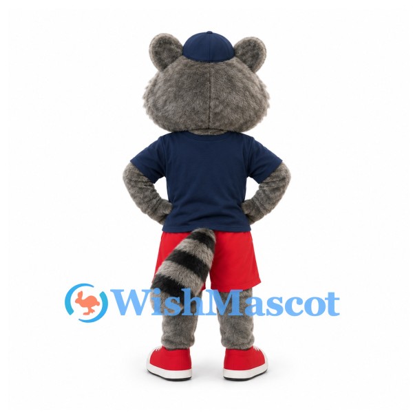 Raccoon Mascot Costume in Navy Shirt and Red Shorts