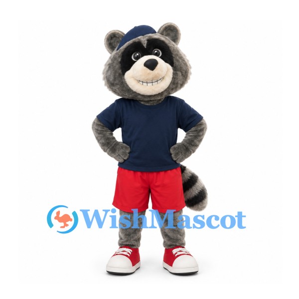 Raccoon Mascot Costume in Navy Shirt and Red Shorts