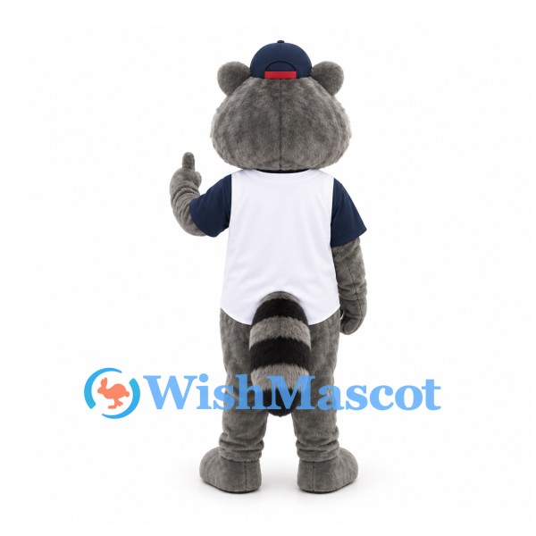 Raccoon Mascot Costume in White Baseball Vest and Navy Cap