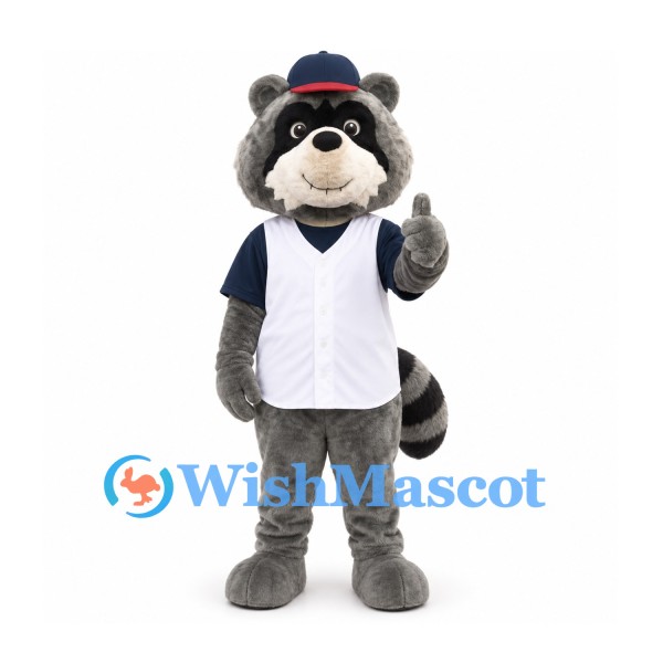 Raccoon Mascot Costume in White Baseball Vest and Navy Cap