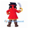 Pirate Mascot Costume in Red Coat with Tricorn Hat and Curved Swords