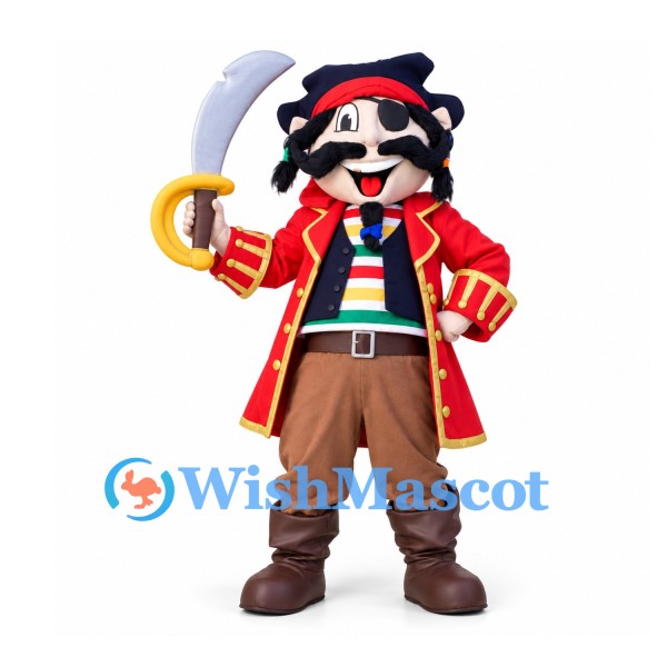 Pirate Mascot Costume in Red Coat with Tricorn Hat and Curved Swords
