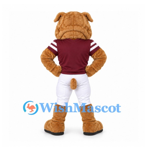 Bulldog Mascot Costume in Tan with Burgundy Football Jersey