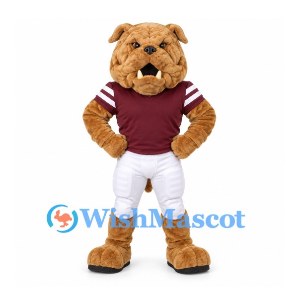 Bulldog Mascot Costume in Tan with Burgundy Football Jersey