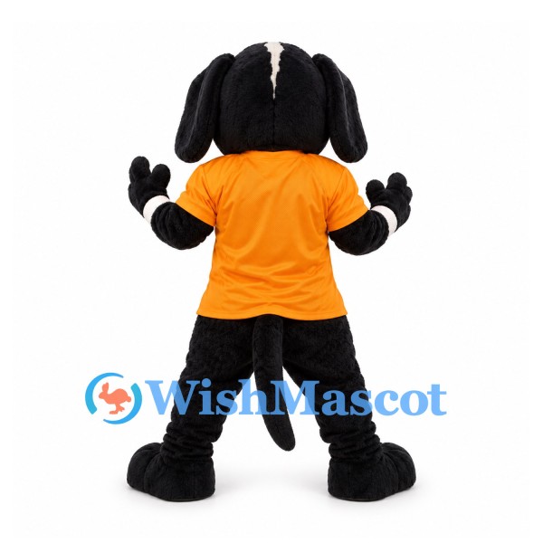 Dog Mascot Costume in Black and Tan with Orange Shirt
