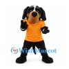 Dog Mascot Costume in Black and Tan with Orange Shirt