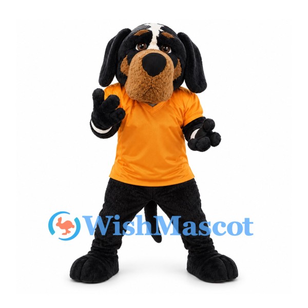 Dog Mascot Costume in Black and Tan with Orange Shirt