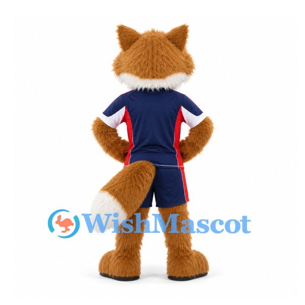 Fox Mascot Costume in Navy Sports Uniform with Red Trim
