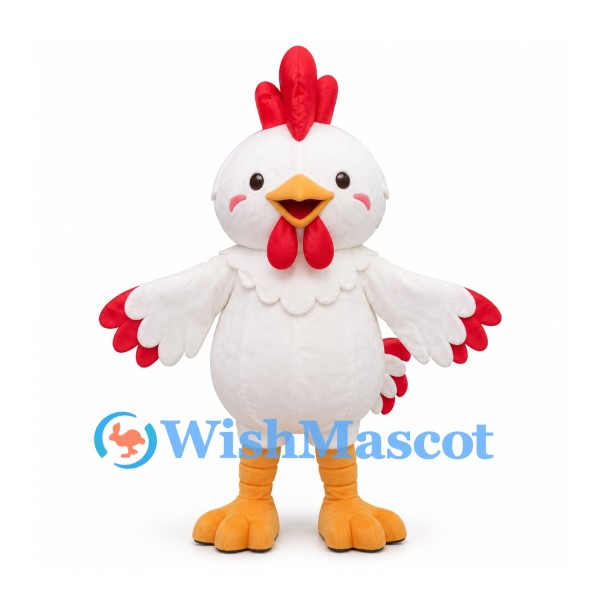 Chicken Mascot Costume in White with Red Comb and Yellow Feet