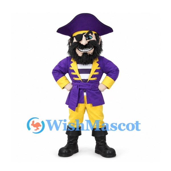 Pirate Mascot Costume in Purple and Yellow with Black Beard