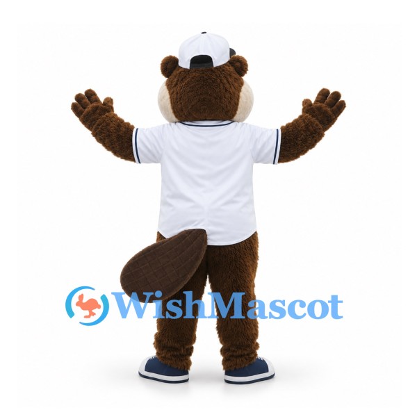 Beaver Mascot Costume in Brown with White Baseball Jersey