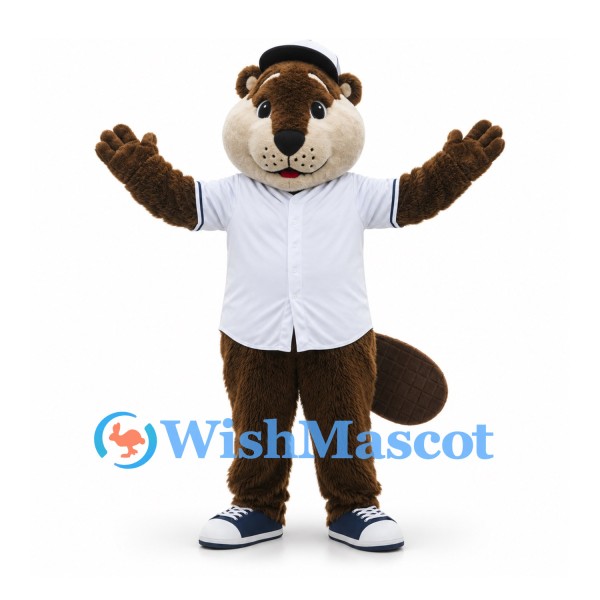 Beaver Mascot Costume in Brown with White Baseball Jersey