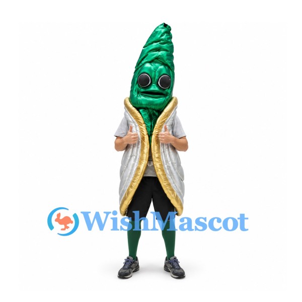 Asparagus Mascot Costume in Green with Silver and Gold Coat