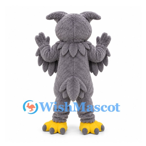 Owl Mascot Costume in Gray with Layered Feathers and Yellow Feet