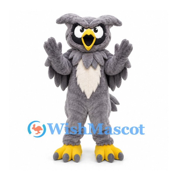 Owl Mascot Costume in Gray with Layered Feathers and Yellow Feet