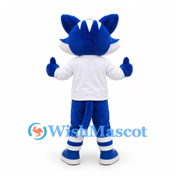 Cat Mascot Costume in Blue and White with White Shirt and Sneakers