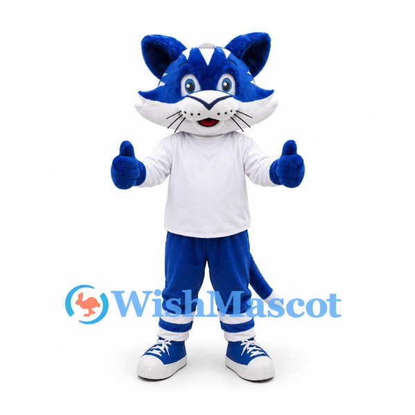 Cat Mascot Costume in Blue and White with White Shirt and Sneakers