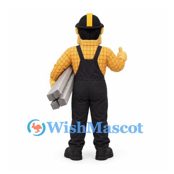Construction Worker Mascot Costume with Yellow Hard Hat and Black Overalls