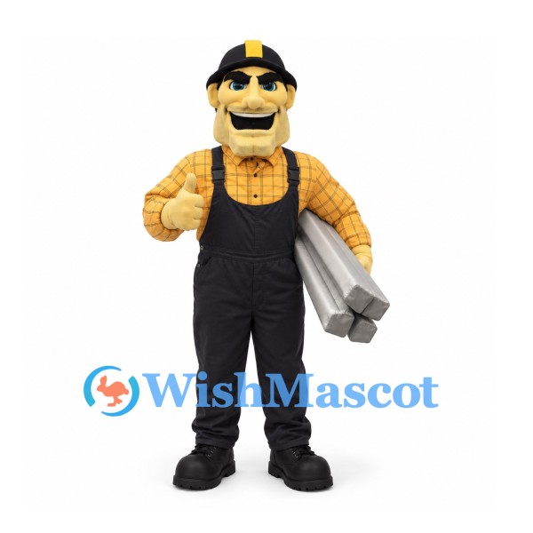 Construction Worker Mascot Costume with Yellow Hard Hat and Black Overalls
