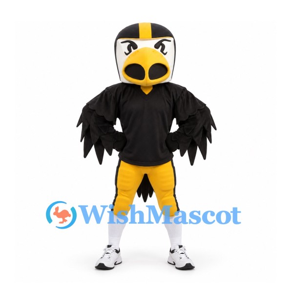Bird Mascot Costume in Black and Yellow with Football Helmet