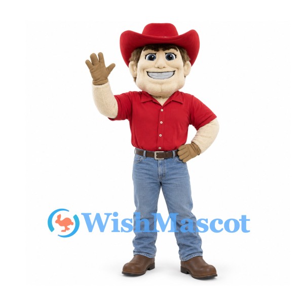 Cowboy Mascot Costume in Red Shirt and Hat with Blue Jeans