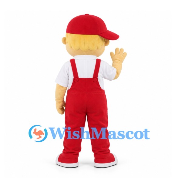 Boy Mascot Costume in Red Overalls and Sideways Cap