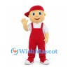 Boy Mascot Costume in Red Overalls and Sideways Cap