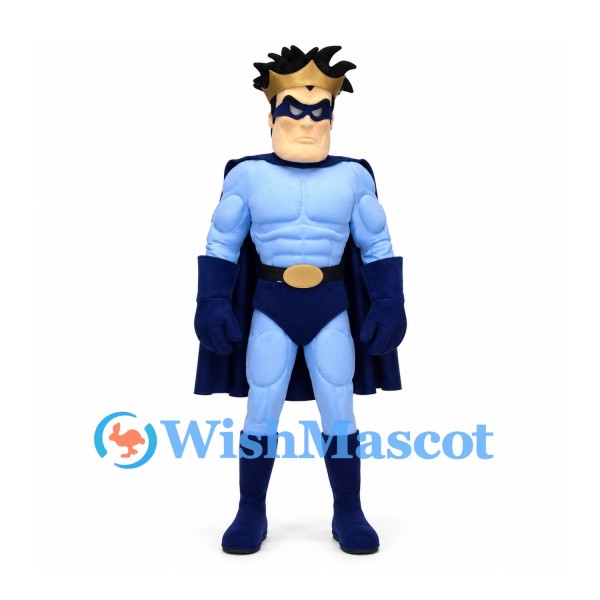 Superhero Mascot Costume in Light Blue with Navy Cape