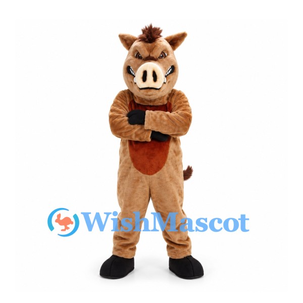 Warthog Mascot Costume in Brown with Tusks and Dark Mane