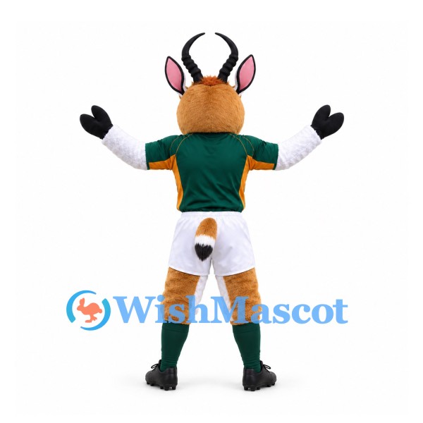 Antelope Mascot Costume in Green and White Sports Uniform